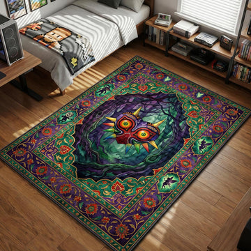 Majora's Mask floating in a dark purple forest with Skull Kid and Moon border patterns gaming area rug and floor mat