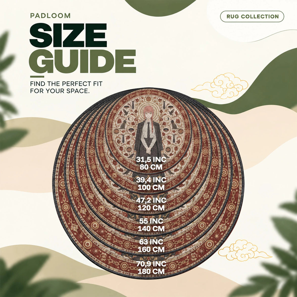 Makima Chains round rug size guide, 80 to 180 cm (31.5 to 70.9 in)