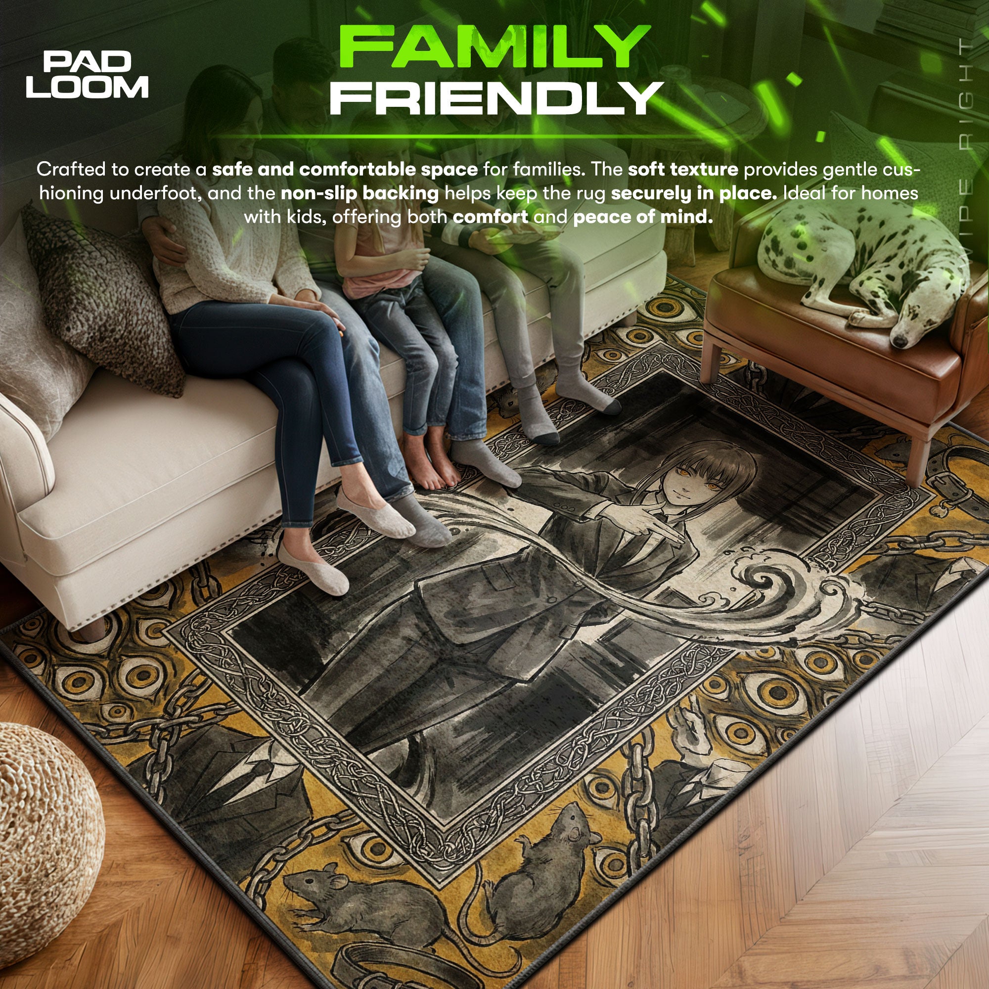 Makima area rug showing full home decor artwork