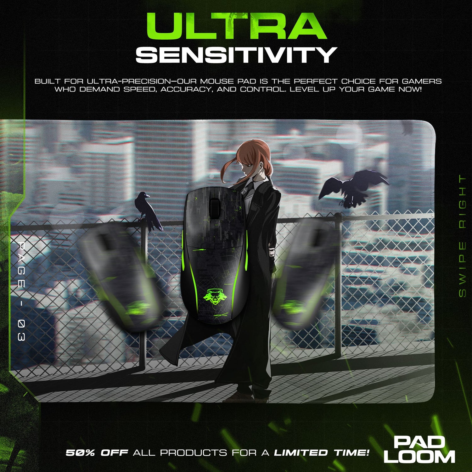 Makima Rooftop Mouse Pad - Dark City Anime Desk Mat Padloom