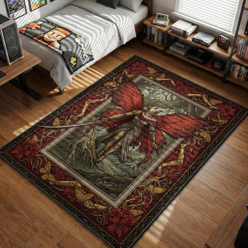 Malenia Blade of Miquella Art Nouveau style illustration with Scarlet Rot wings gaming area rug and floor mat