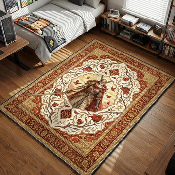Malenia Blade of Miquella standing on cream parchment background with red flowers and nordic runes gaming area rug and floor mat