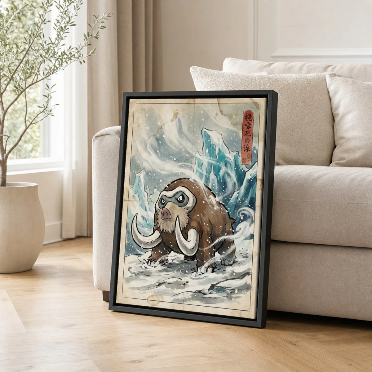 Mamoswine Blizzard Pokemon poster leaning beside a sofa - living room wall art