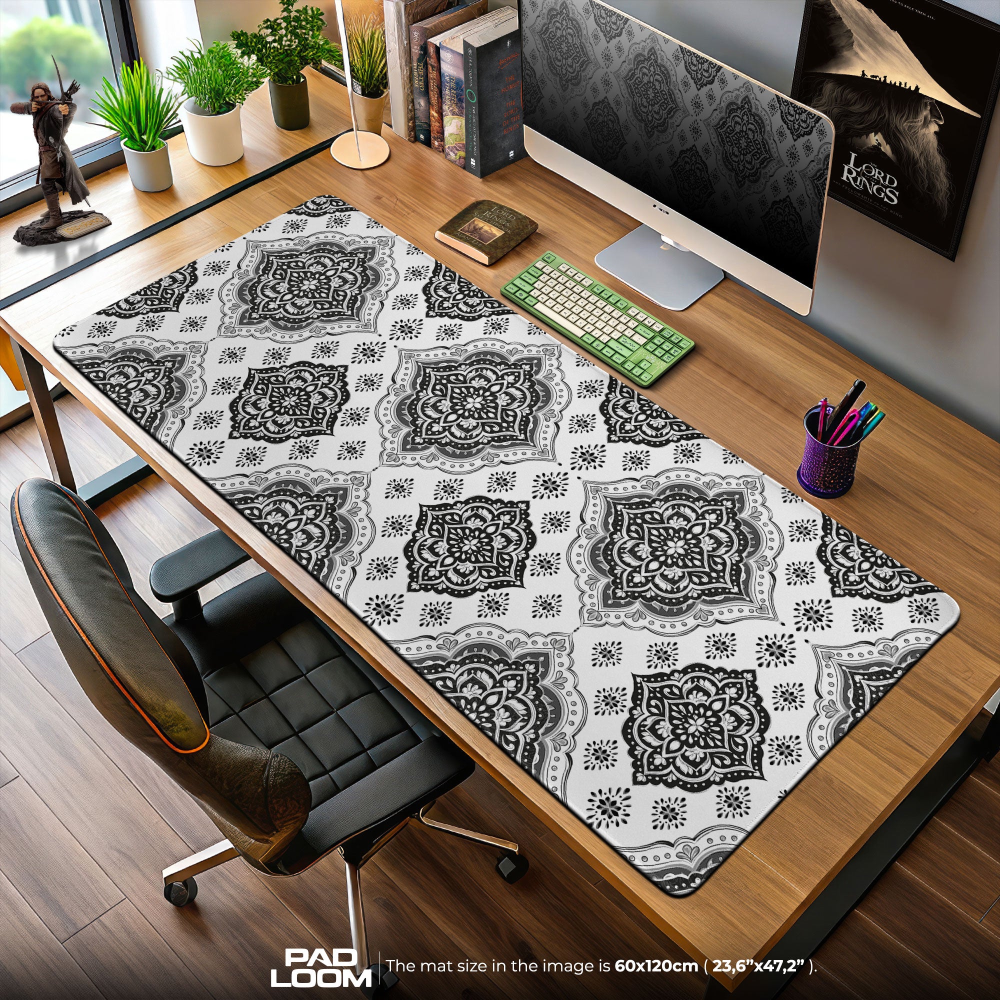 Mandala Damask Mouse Pad, Ornate Black and White Gaming Desk Mat