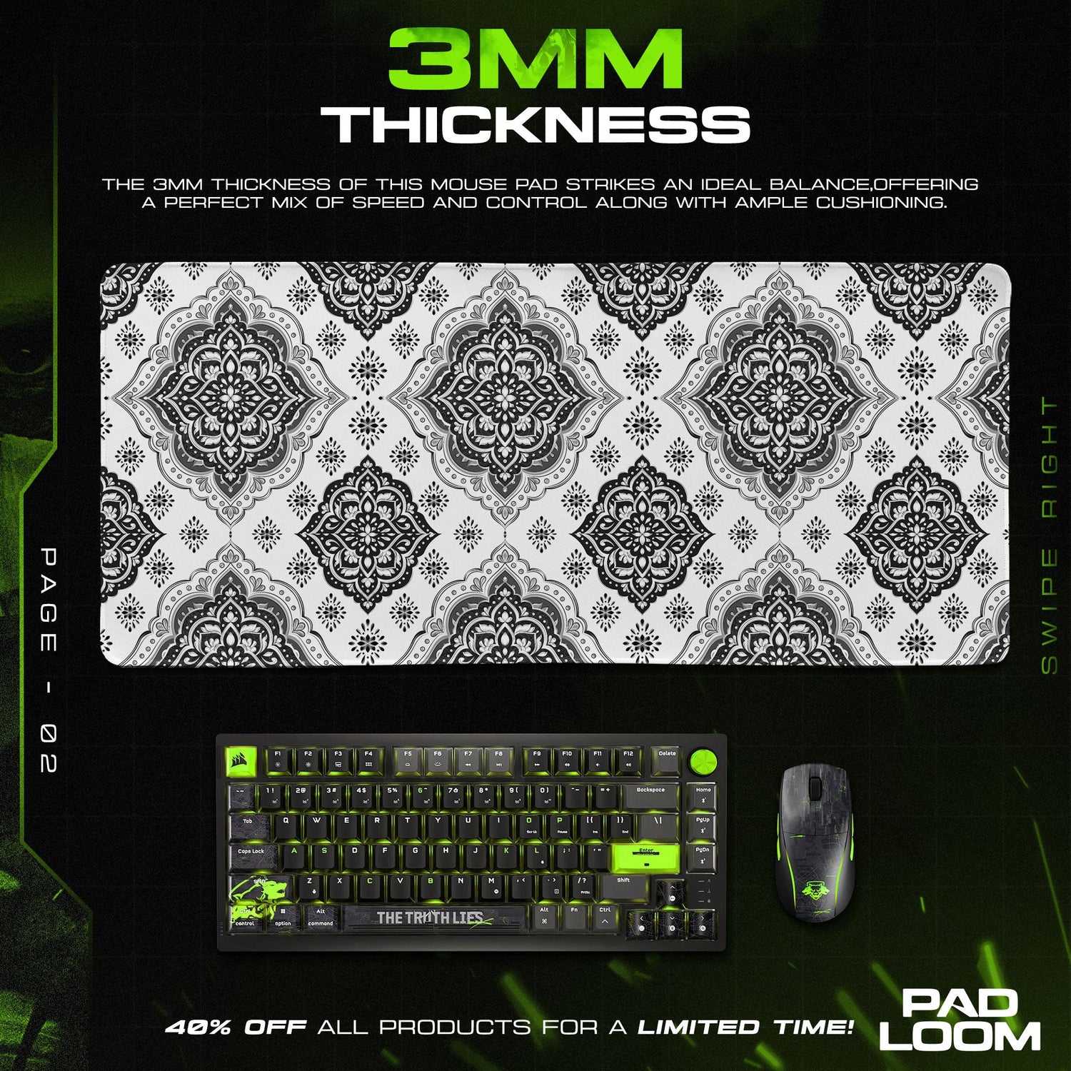 Mandala Damask Mouse Pad, Ornate Black and White Gaming Desk Mat Padloom