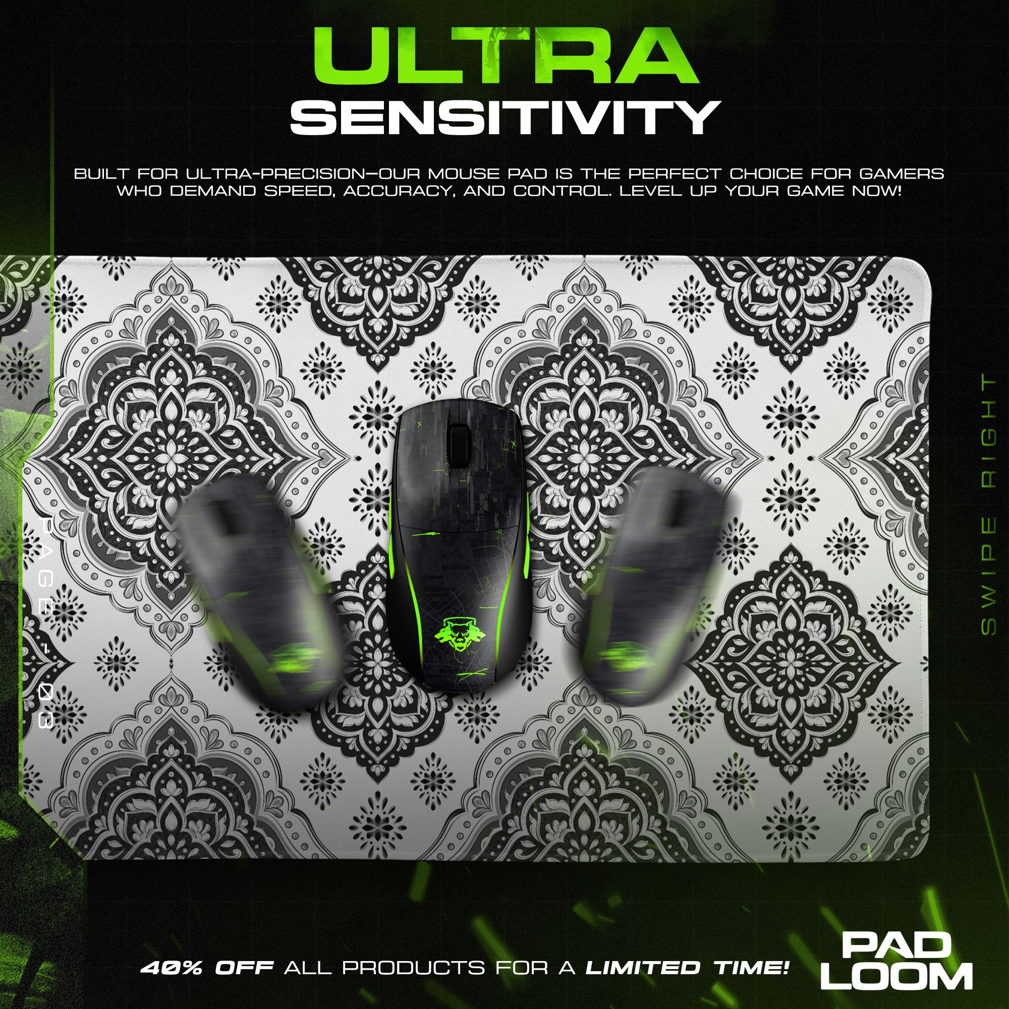 Mandala Damask Mouse Pad, Ornate Black and White Gaming Desk Mat