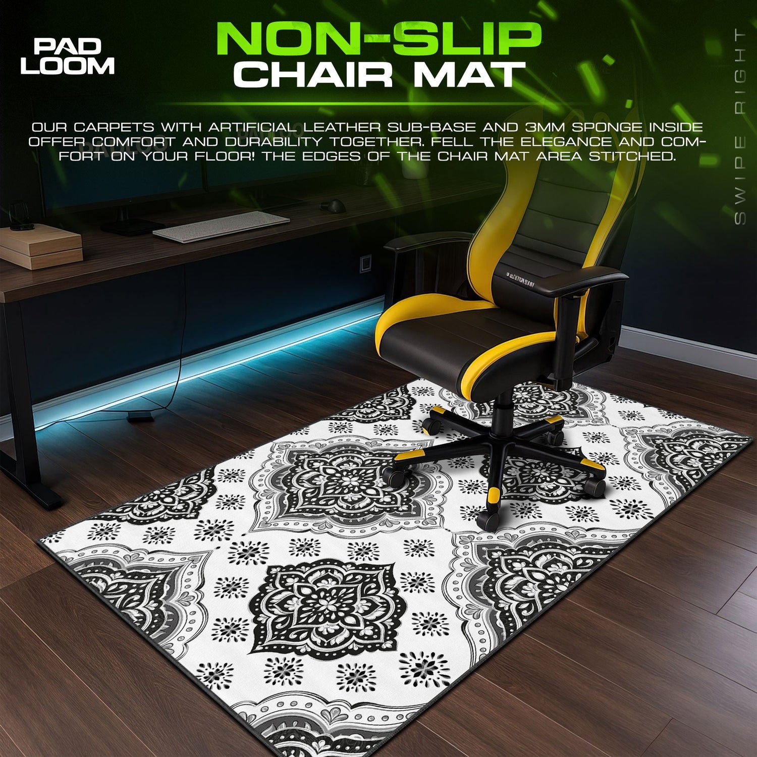Mandala Damask Mouse Pad, Ornate Black and White Gaming Desk Mat Padloom