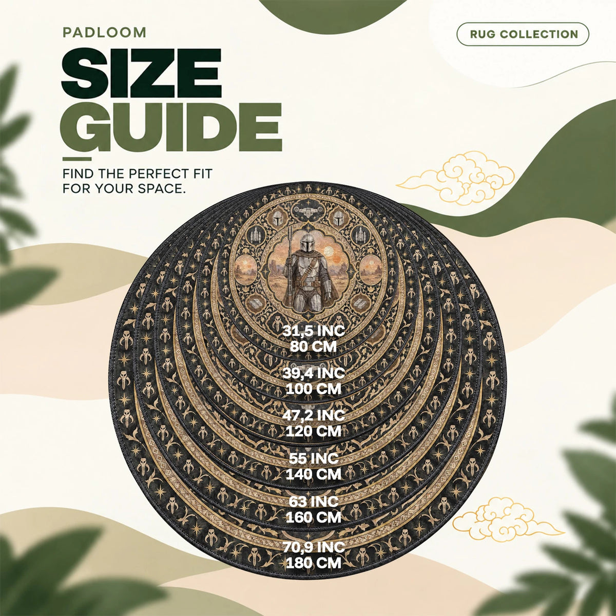 Mandalorian Beskar round rug size guide, 80 to 180 cm (31.5 to 70.9 in)