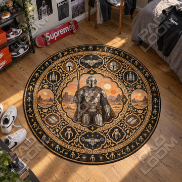 Mandalorian Beskar Star Wars round rug on a bedroom floor - Star Wars chair mat