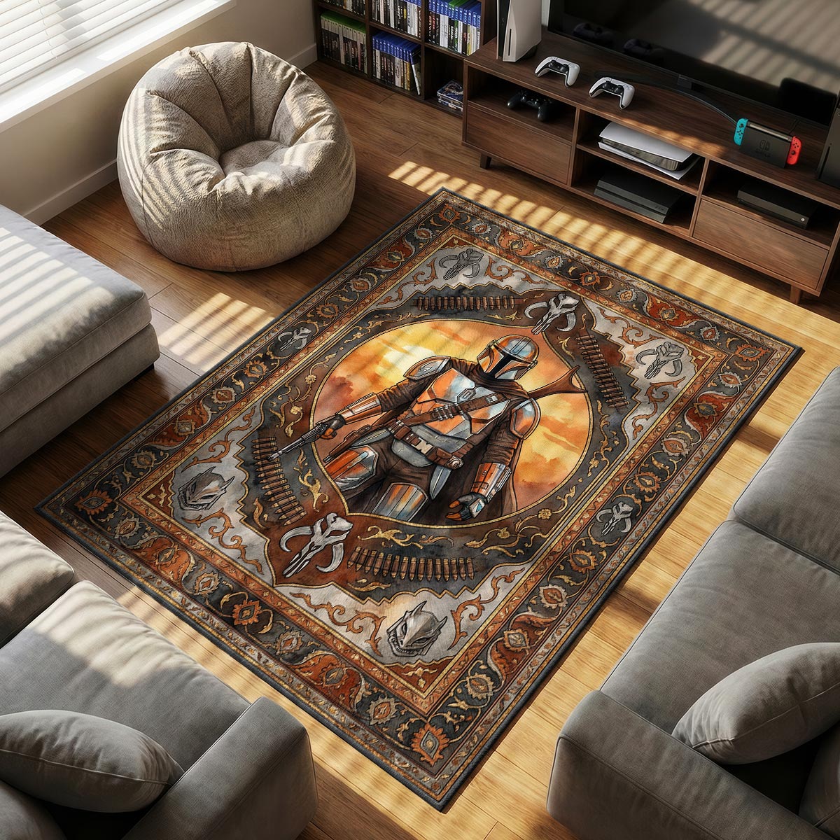 Mandalorian Bounty themed area rug for home decor fans