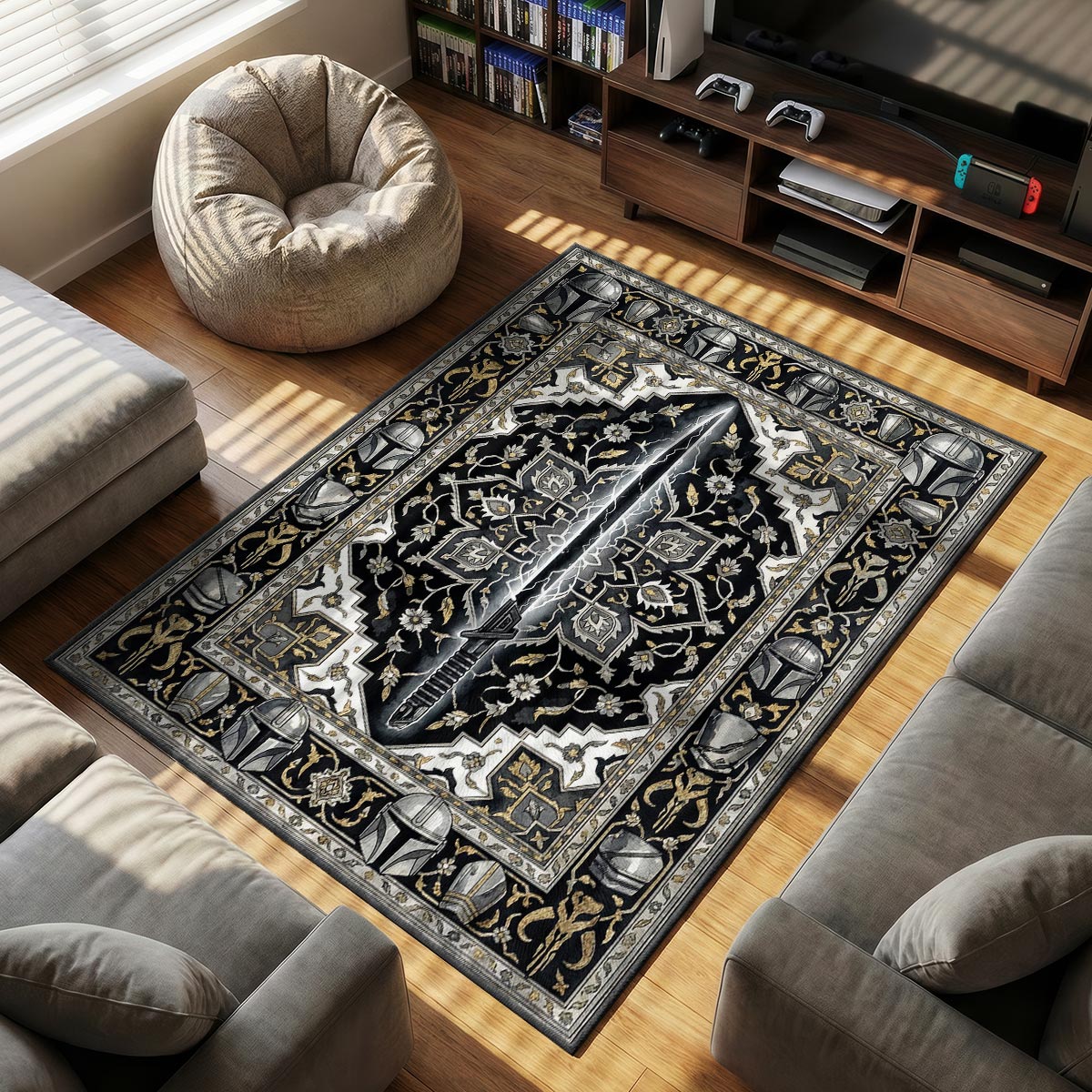 Mandalorian Darksaber themed area rug for home decor fans