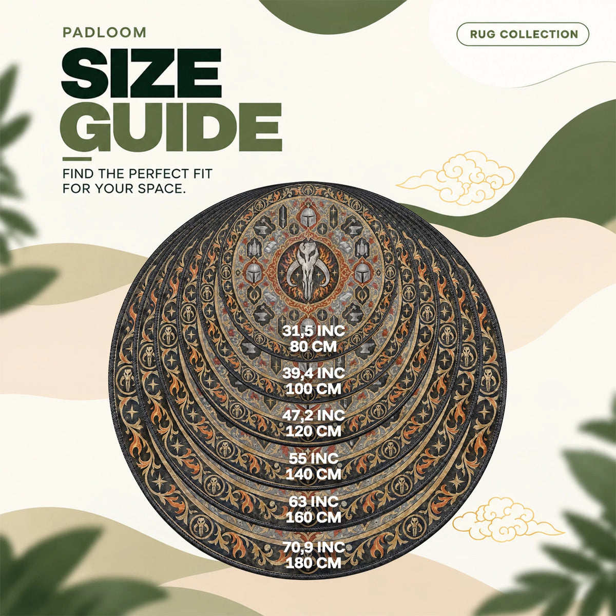Mandalorian Forge round rug size guide, 80 to 180 cm (31.5 to 70.9 in)