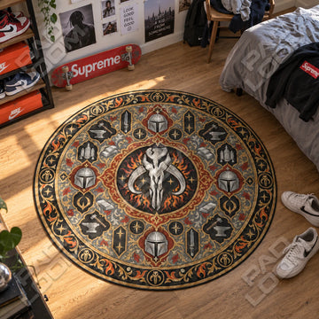 Mandalorian Forge Star Wars round rug on a bedroom floor - Star Wars chair mat