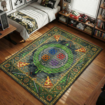 Ninja Turtles manhole cover surrounded by weapons green ooze and pizza ornate sewer art style movie themed area rug and home theater mat