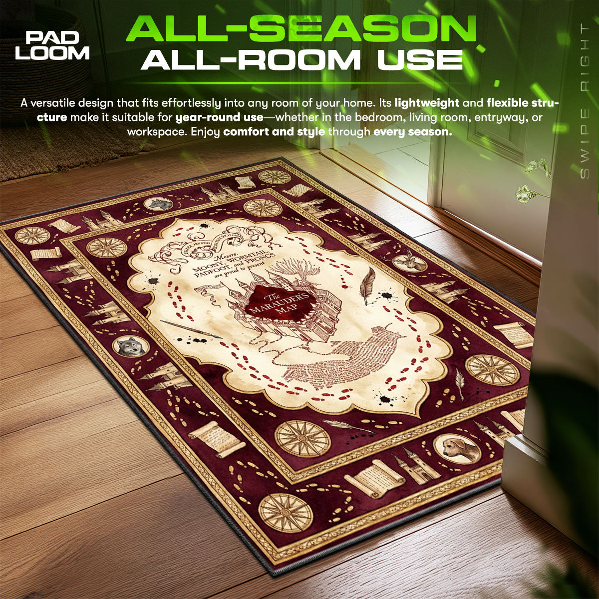 Marauder's Map Mischief Managed Harry Potter Room fan rug — premium quality print