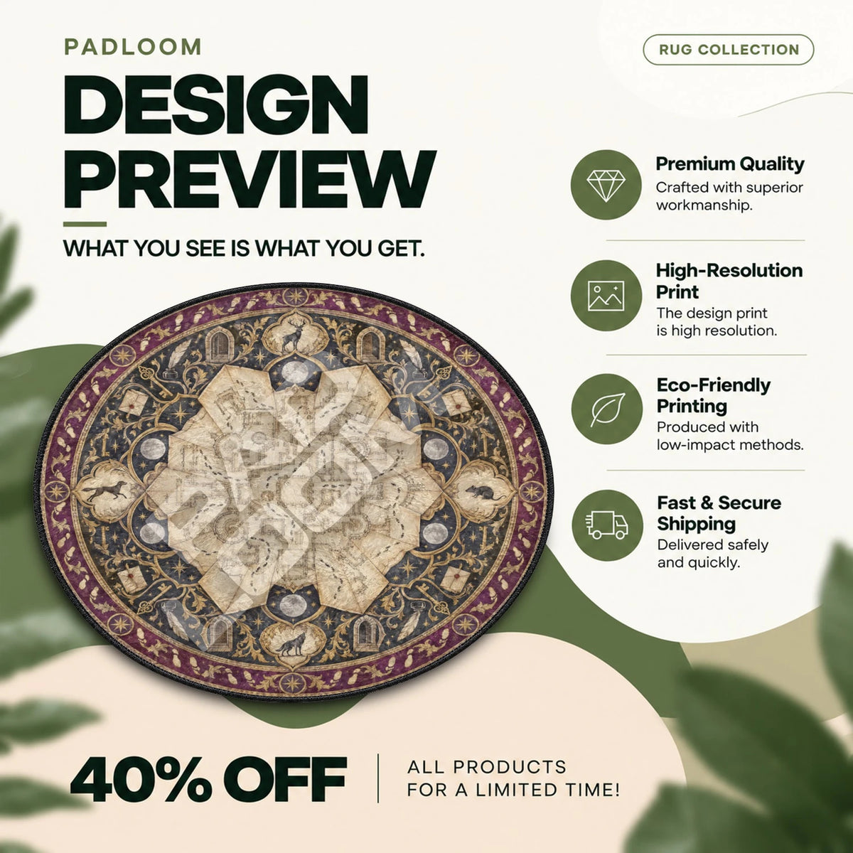 Marauders Map Moonlit Harry Potter round rug full design preview