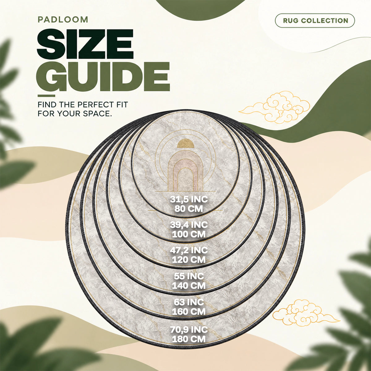 Marble Arch Sunrise round rug size guide, 80 to 180 cm (31.5 to 70.9 in)