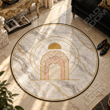 Marble Arch Sunrise boho round rug in a styled room - boho circle area rug