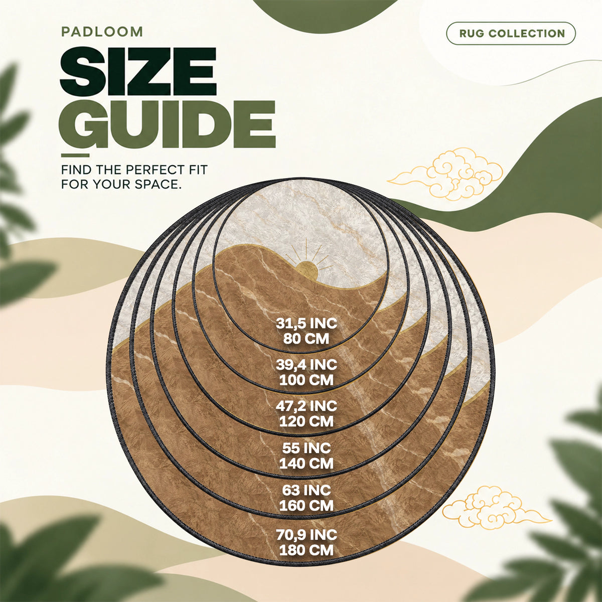 Marble Sunrise round rug size guide, 80 to 180 cm (31.5 to 70.9 in)