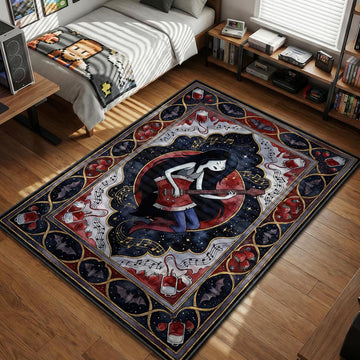 Marceline the Vampire Queen playing axe bass with bats and blood bags ornate dark fantasy art style movie themed area rug and home theater mat