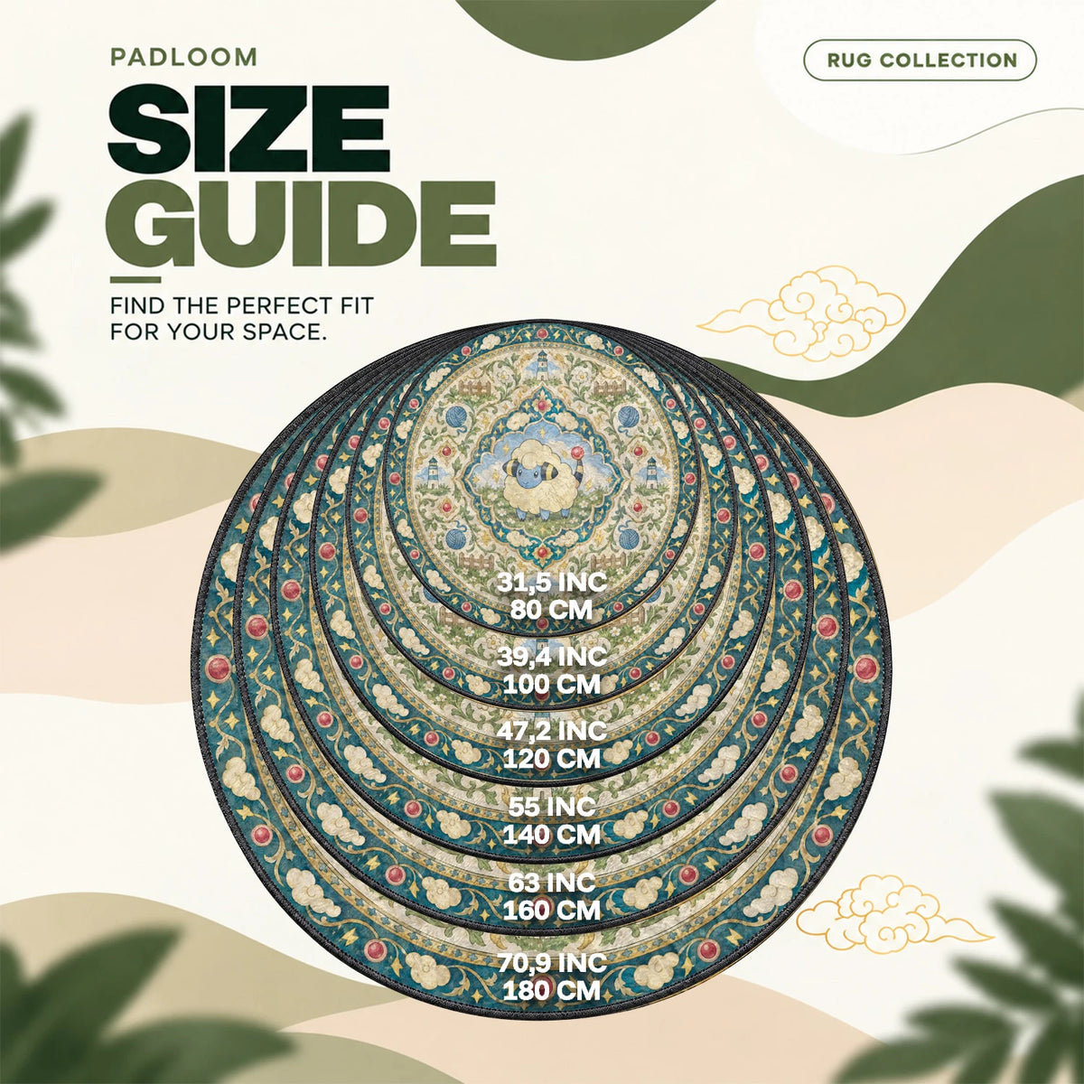 Mareep Lighthouse round rug size guide, 80 to 180 cm (31.5 to 70.9 in)