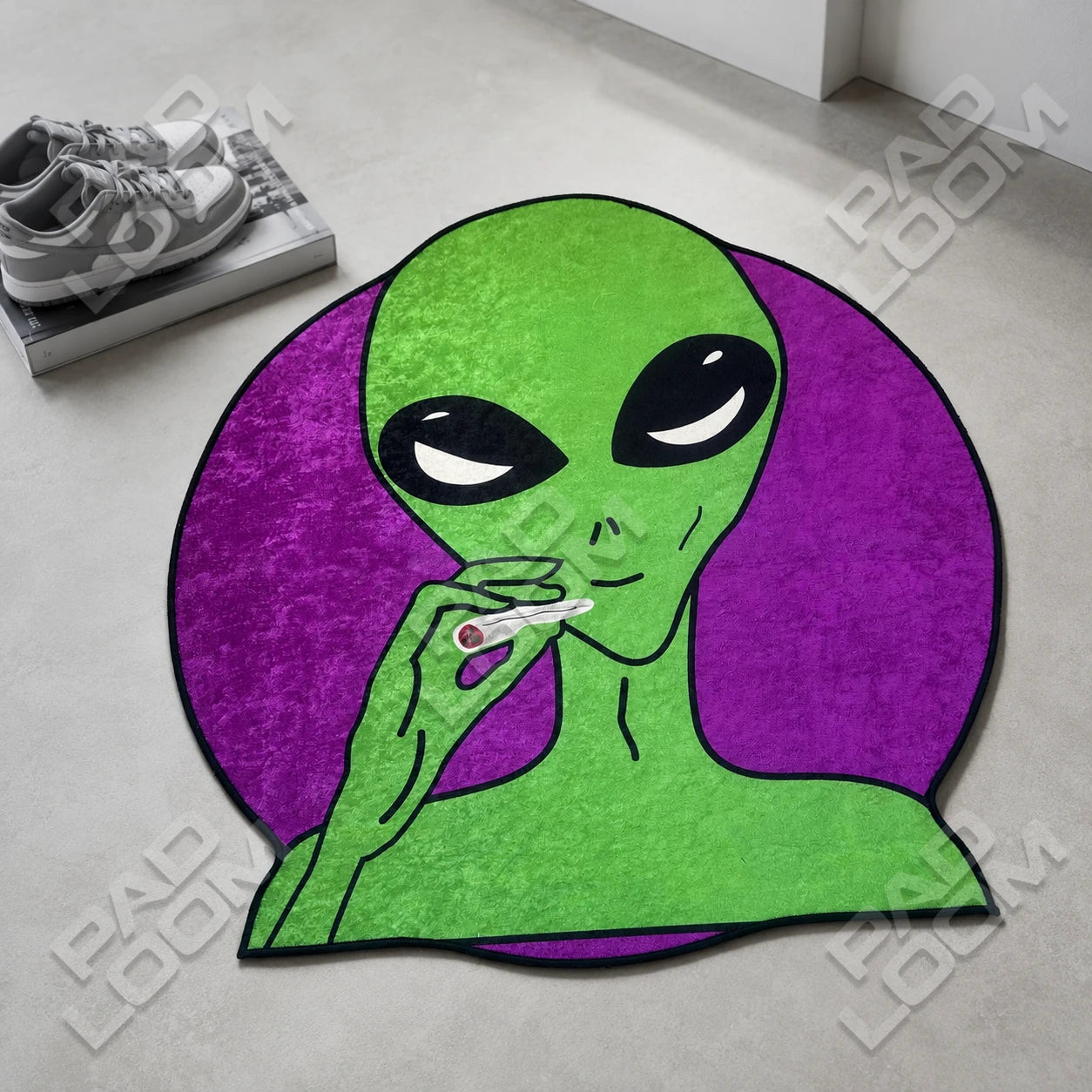 Marijuana Alien shaped rug close-up, soft washable pile
