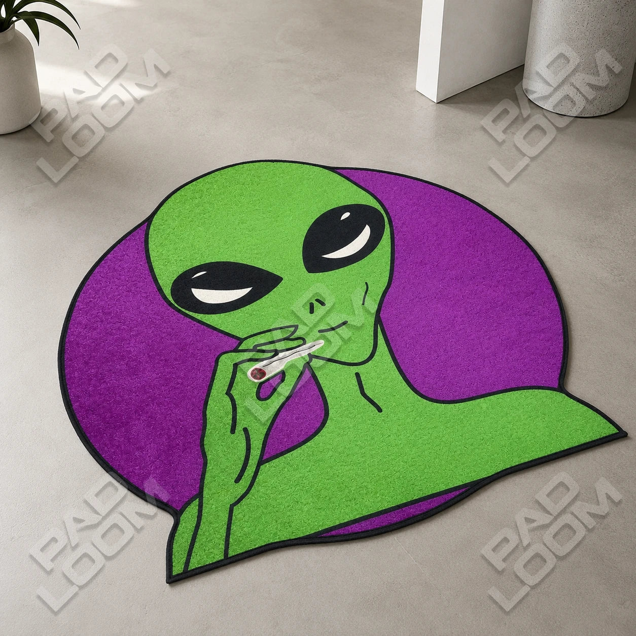 Marijuana Alien shaped rug shown in a room setting