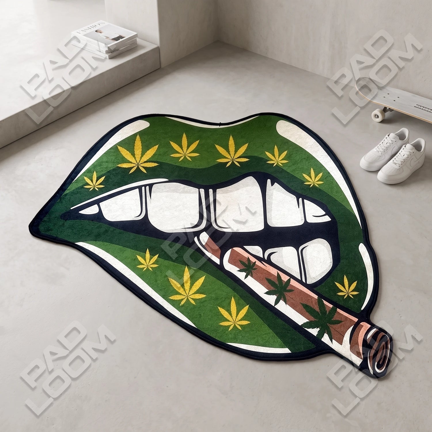 Marijuana Lips shaped rug close-up, soft washable pile