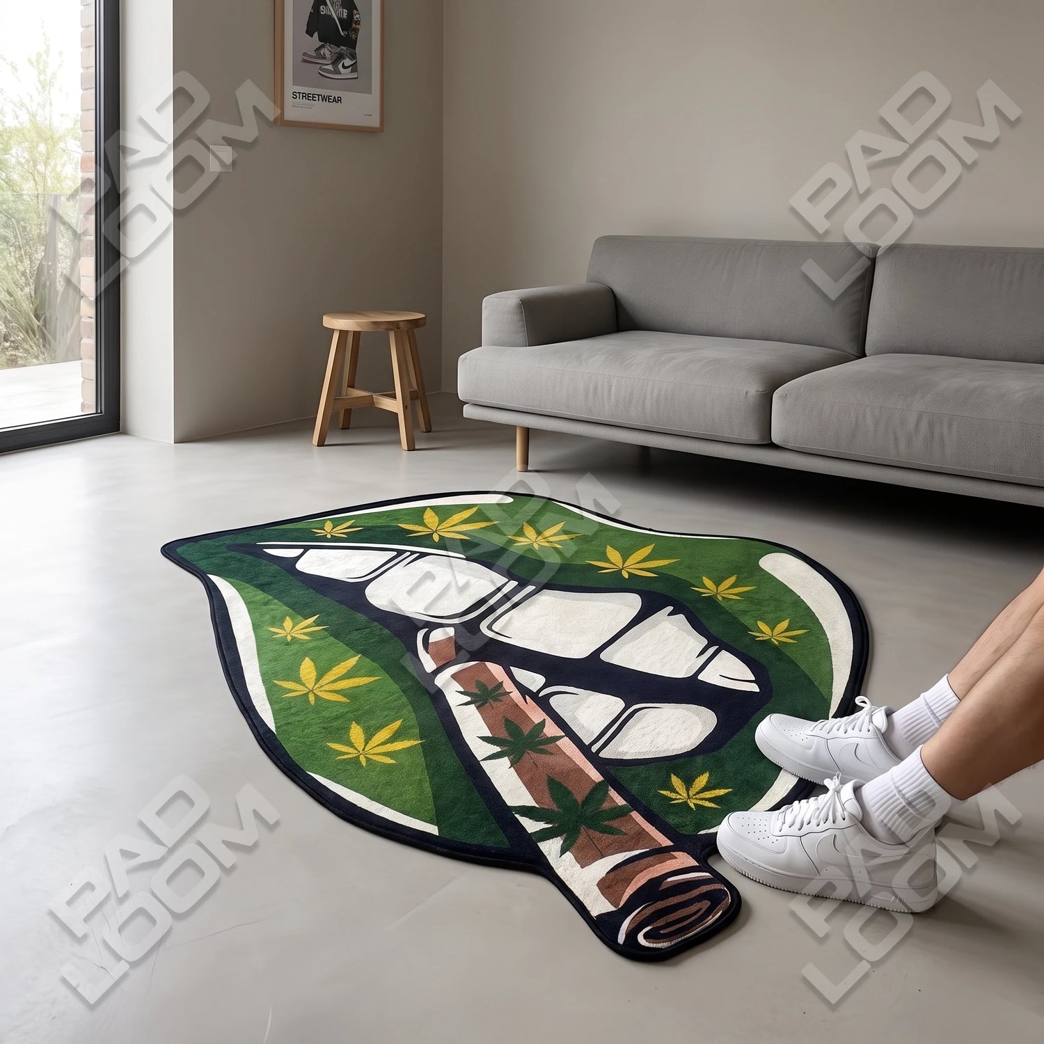 Marijuana Lips shaped rug shown in a room setting