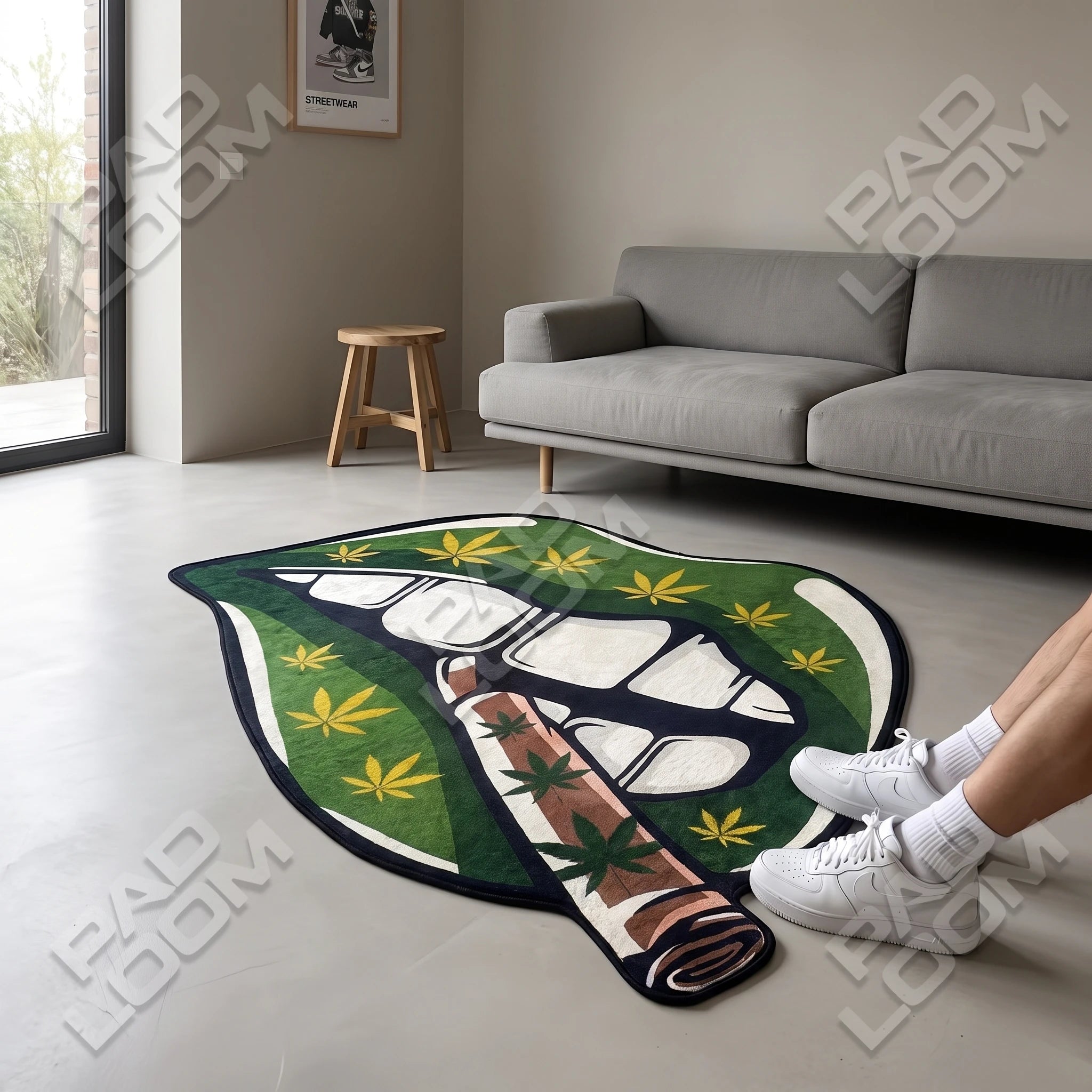Marijuana Lips shaped rug shown in a room setting