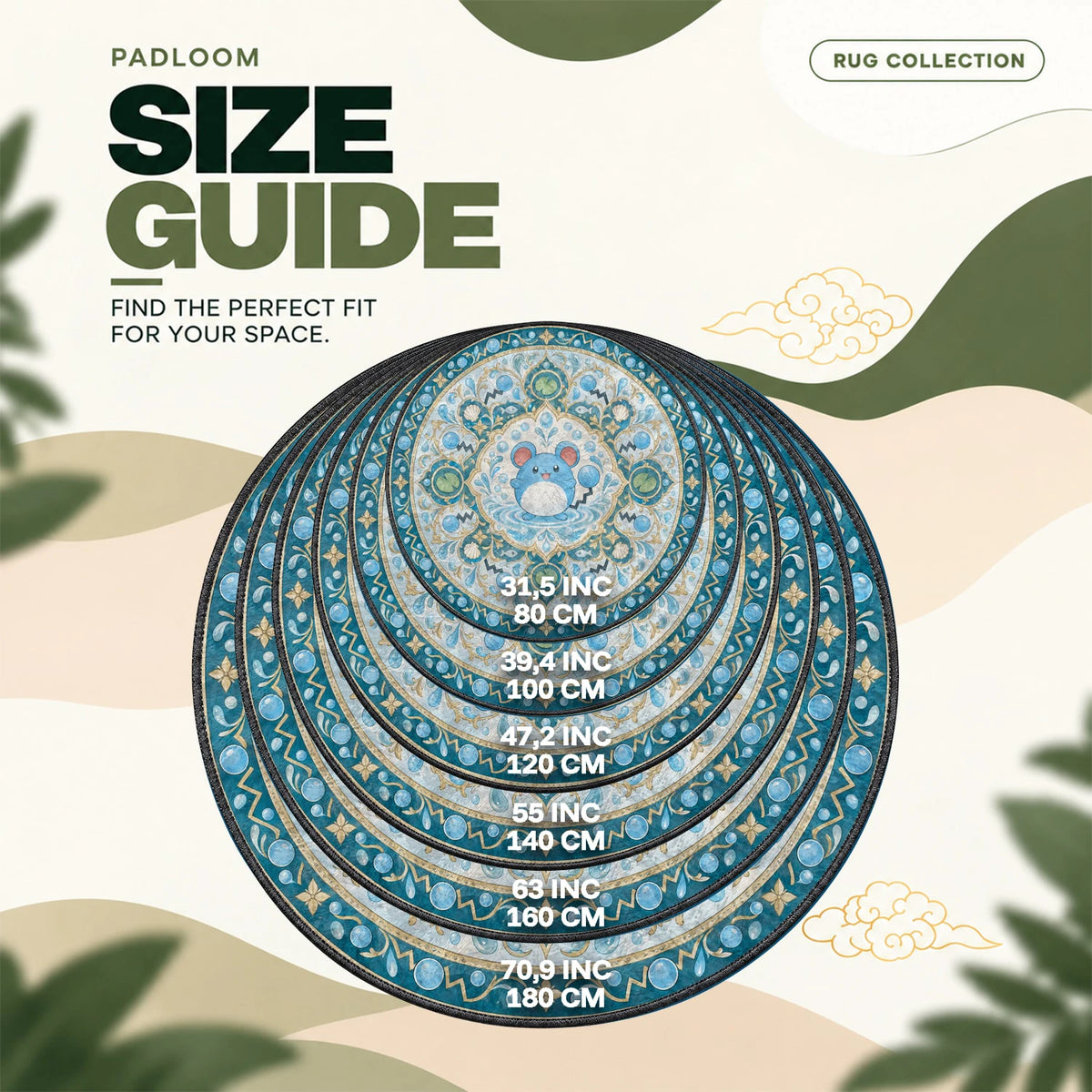 Marill Bubble round rug size guide, 80 to 180 cm (31.5 to 70.9 in)