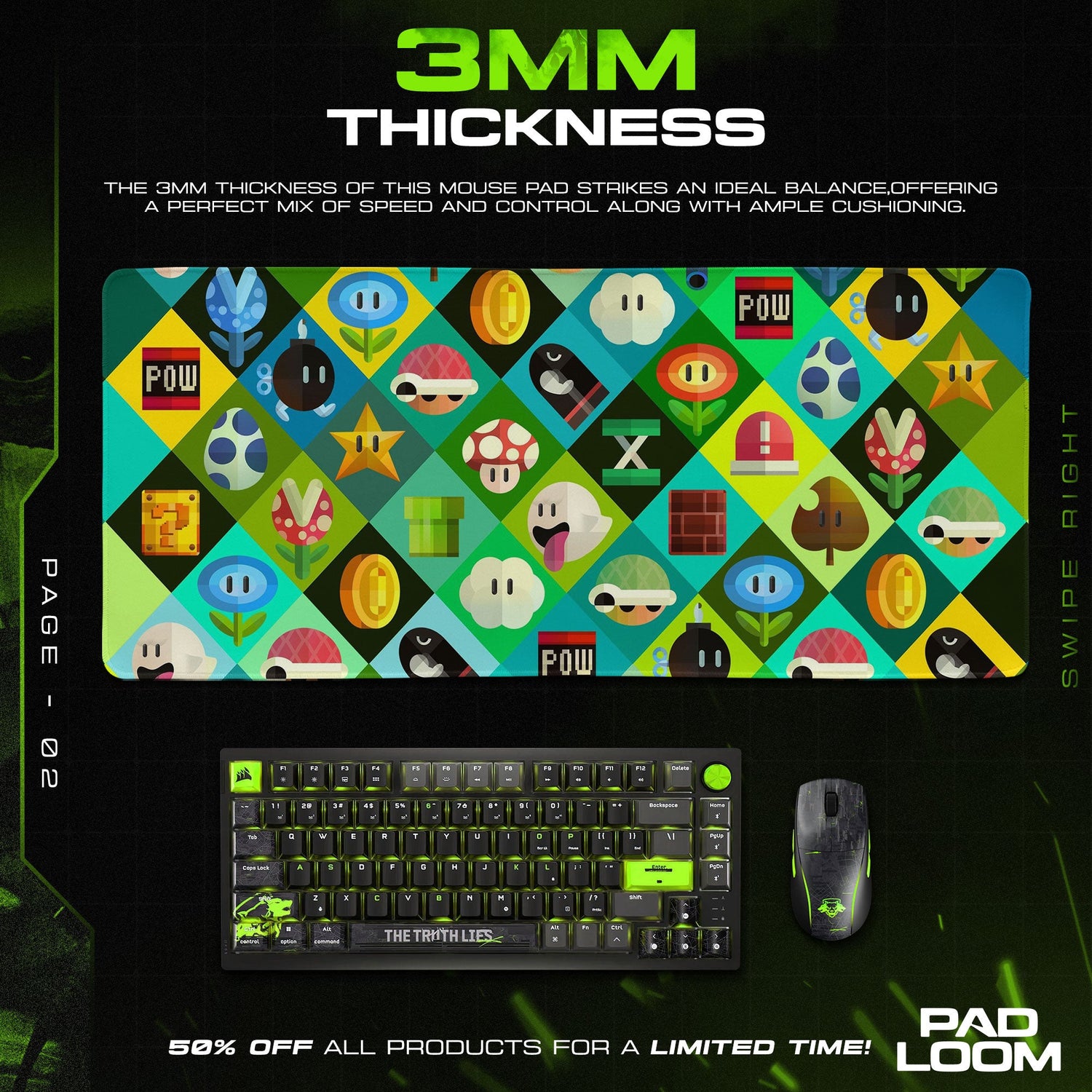 Mario Mouse Pad, Power-Up Icons Gamer Desk Mat Padloom