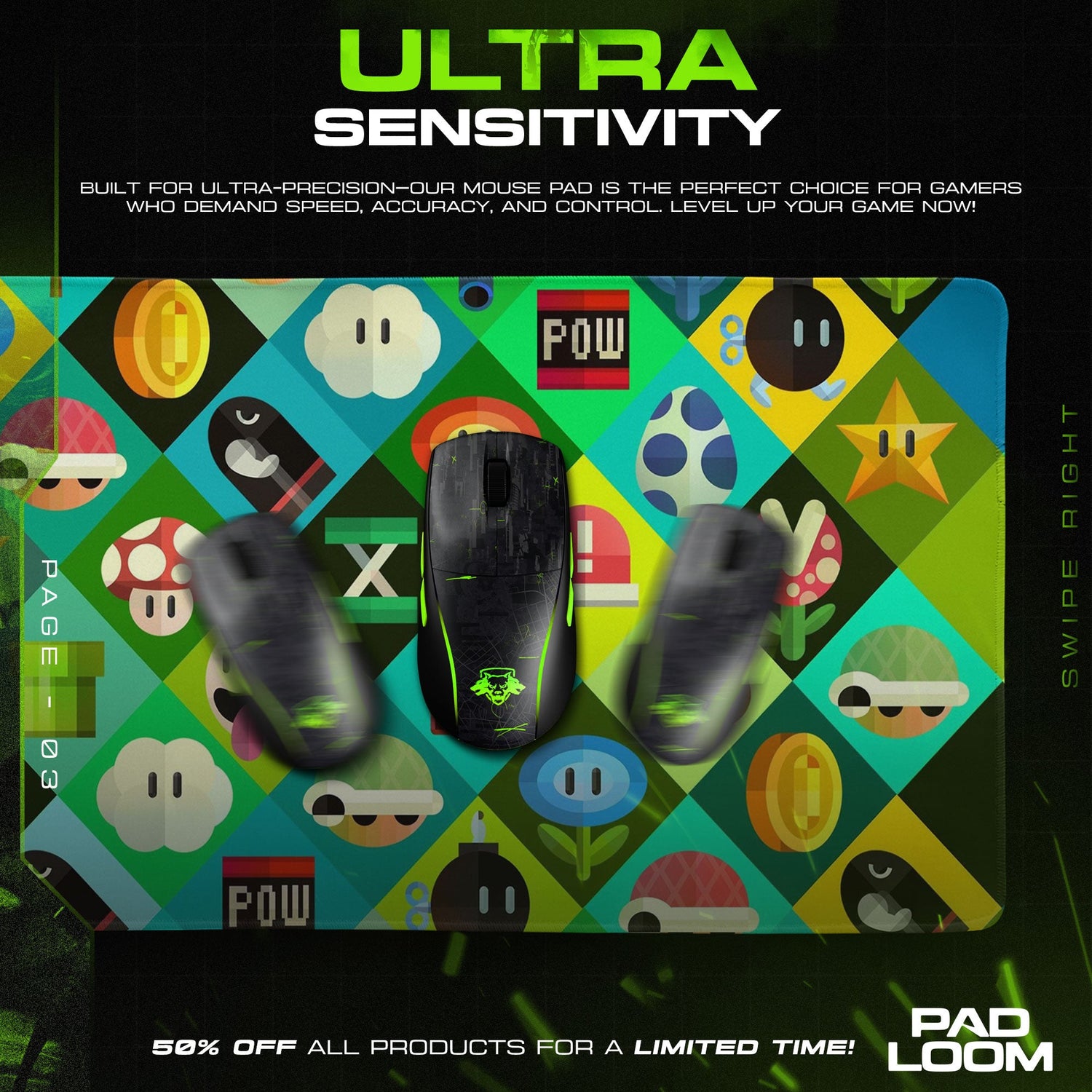 Mario Mouse Pad, Power-Up Icons Gamer Desk Mat Padloom