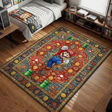 Mario jumping amidst intricate Persian mushroom kingdom pattern with coins and pipes gaming area rug and floor mat