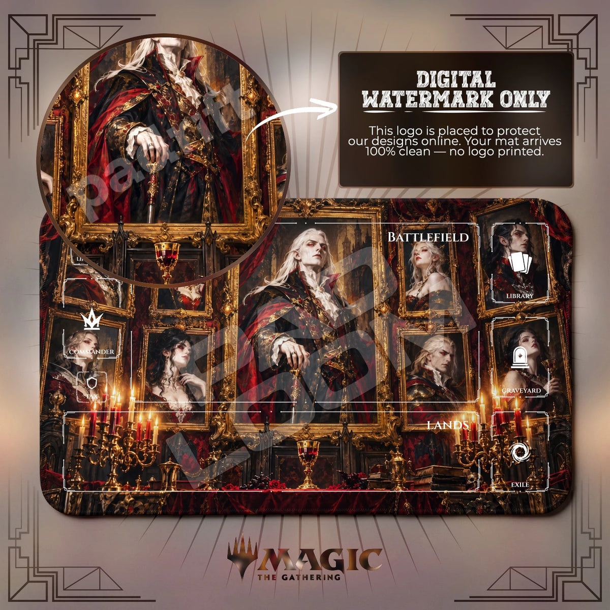 Markov Vampire MTG playmat with zones; the Padloom watermark is digital only, not printed