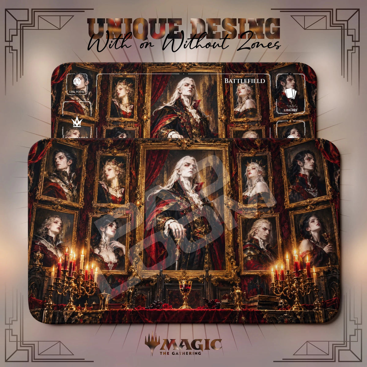 Markov Vampire MTG playmat shown with zones and without zones