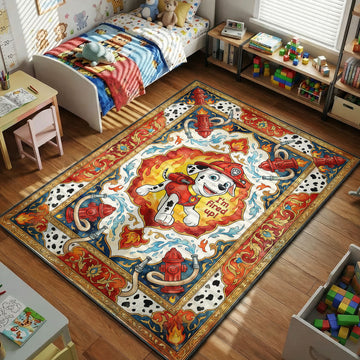 Marshall fire pup PAW Patrol kids area rug with flames and hydrants on red blue tapestry