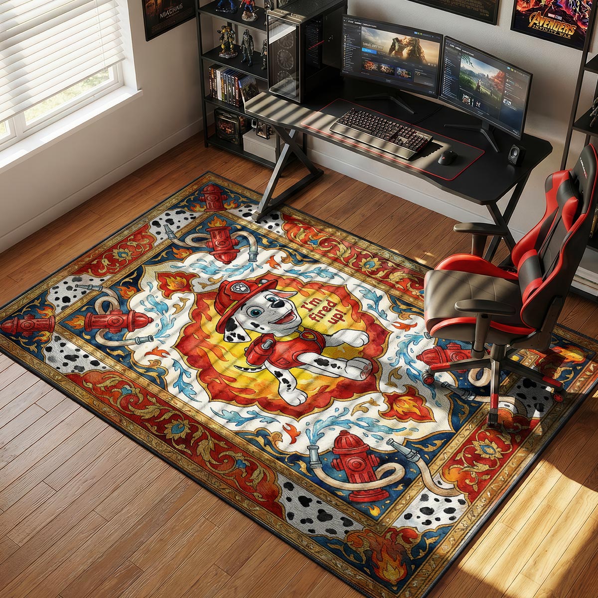 Marshall PAW Patrol rug placed in a boy's bedroom with red accent wall and white furniture