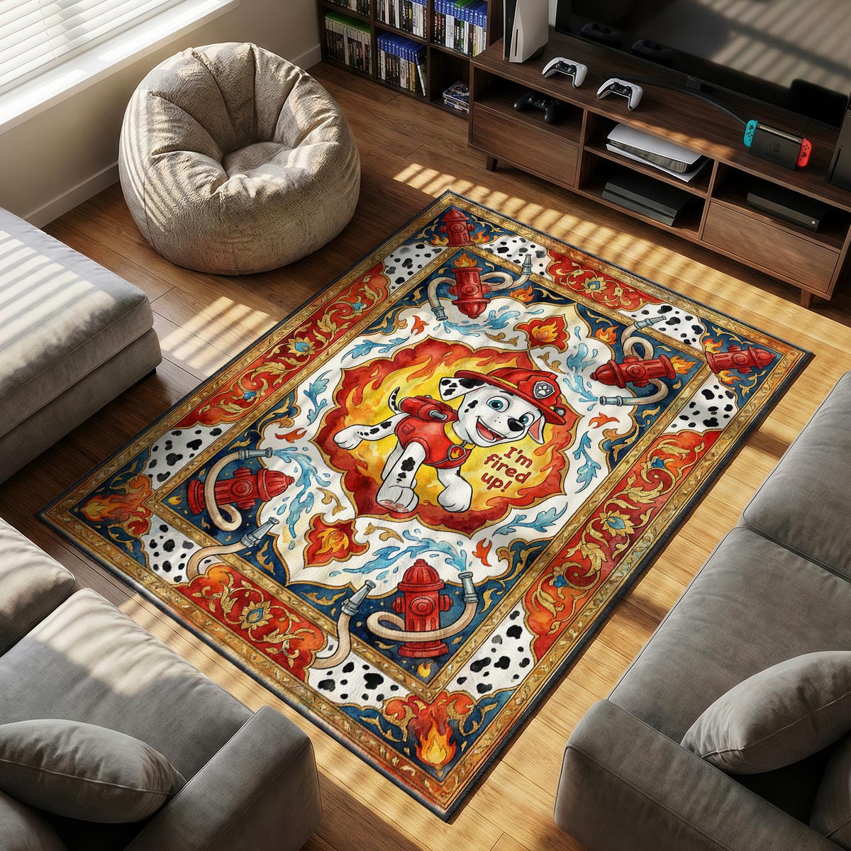 Close-up of Marshall area rug showing dalmatian spot border and red dye-sublimation on velvet