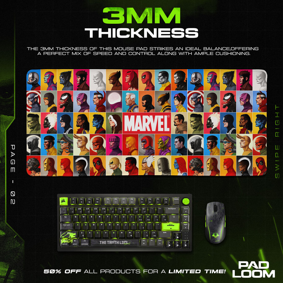Marvel Heroes Grid Mouse Pad, Comic Gaming Desk Mat