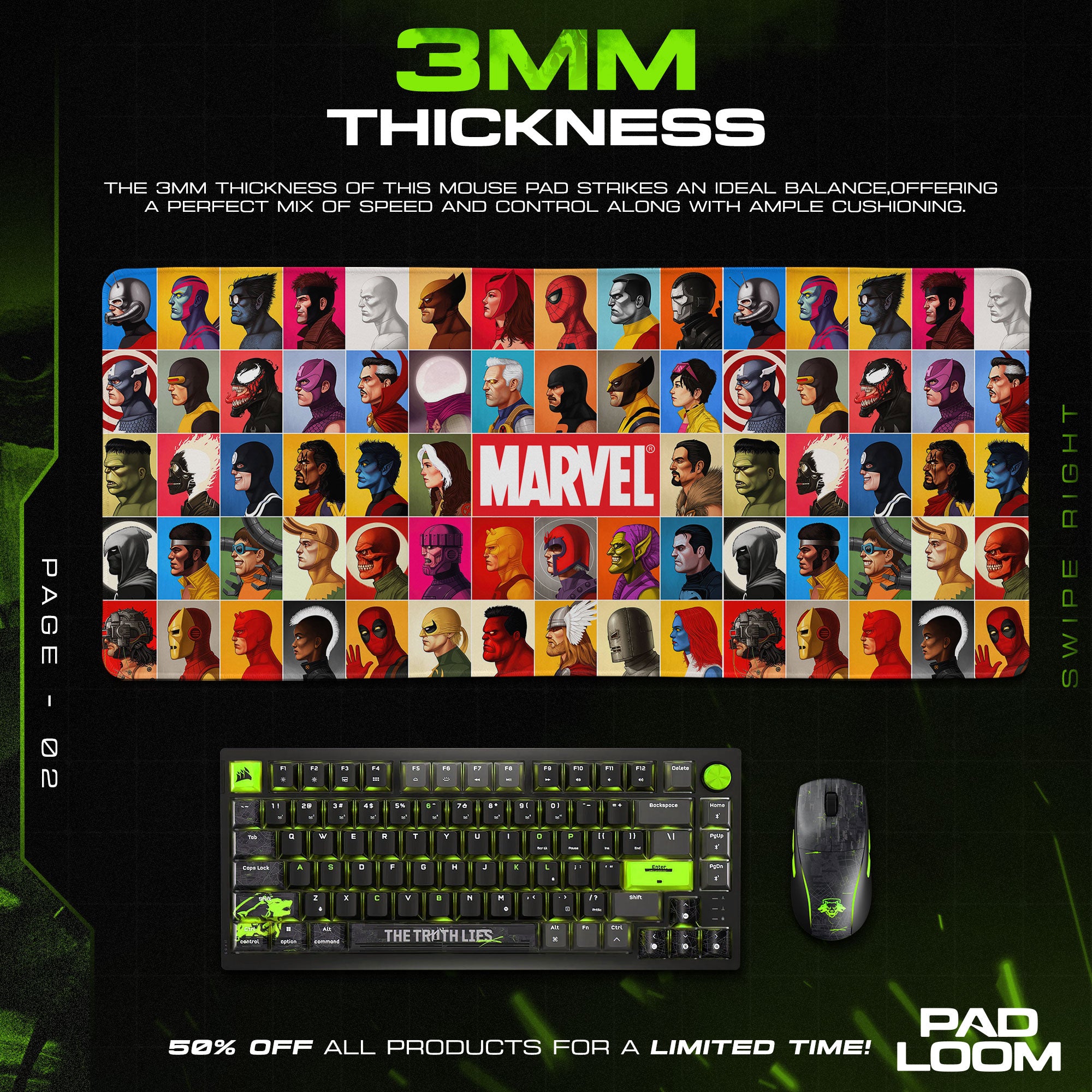 Marvel Heroes Grid Mouse Pad, Comic Gaming Desk Mat