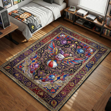 Marx spreading colorful wings while balancing on a beach ball in an ornate purple tarot card style gaming area rug and floor mat