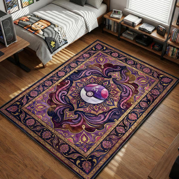 Pokemon Master Ball art with royal purple floral patterns and Gotcha text area rug and floor mat