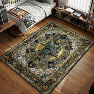 Master Chief Spartan 117 standing with assault rifle in an Art Nouveau gold filigree style gaming area rug and floor mat