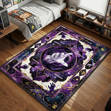 Master Hand reaching out from a purple cosmic portal surrounded by shadow hands and gold tarot borders gaming area rug and floor mat