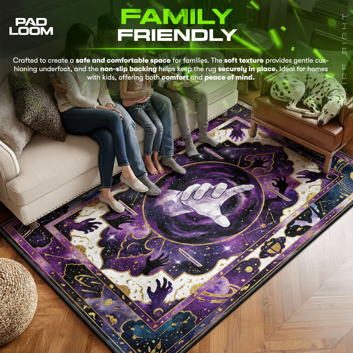 Master area rug showing full home decor artwork