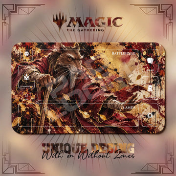 Master Splinter Gilded TMNT MTG playmat, orange and red art with play zones, 24 x 14 in