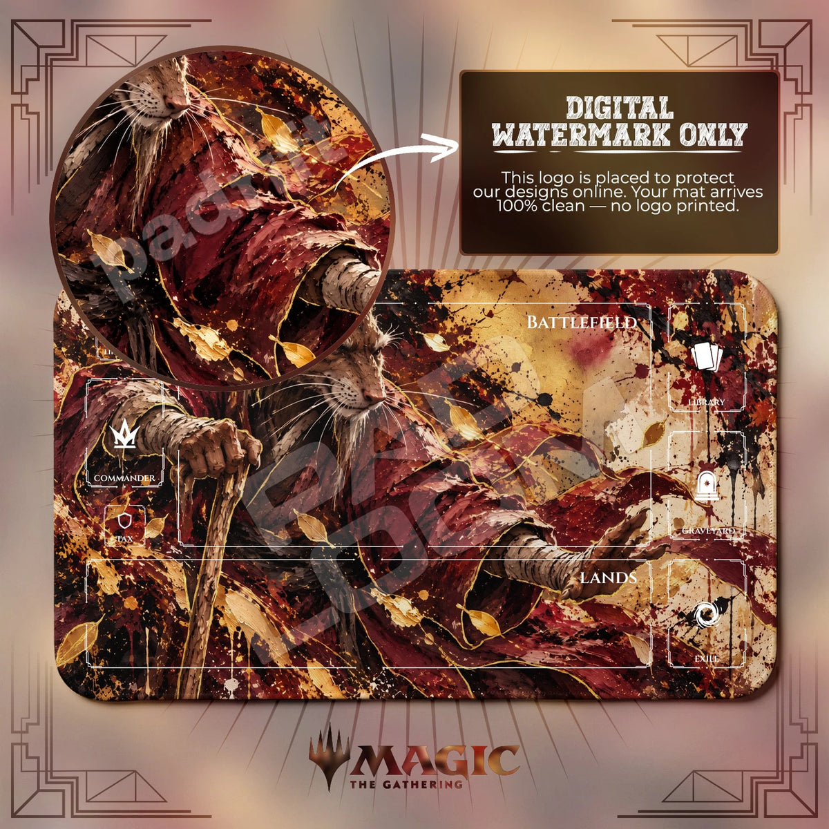 Master Splinter Gilded TMNT MTG playmat with zones; the Padloom watermark is digital only, not printed