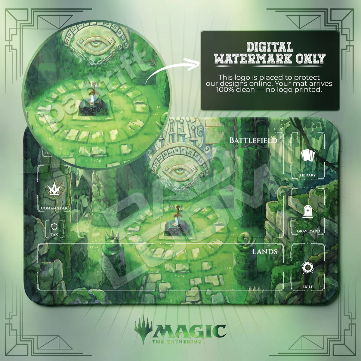 Master Sword Grove MTG playmat with zones; the Padloom watermark is digital only, not printed