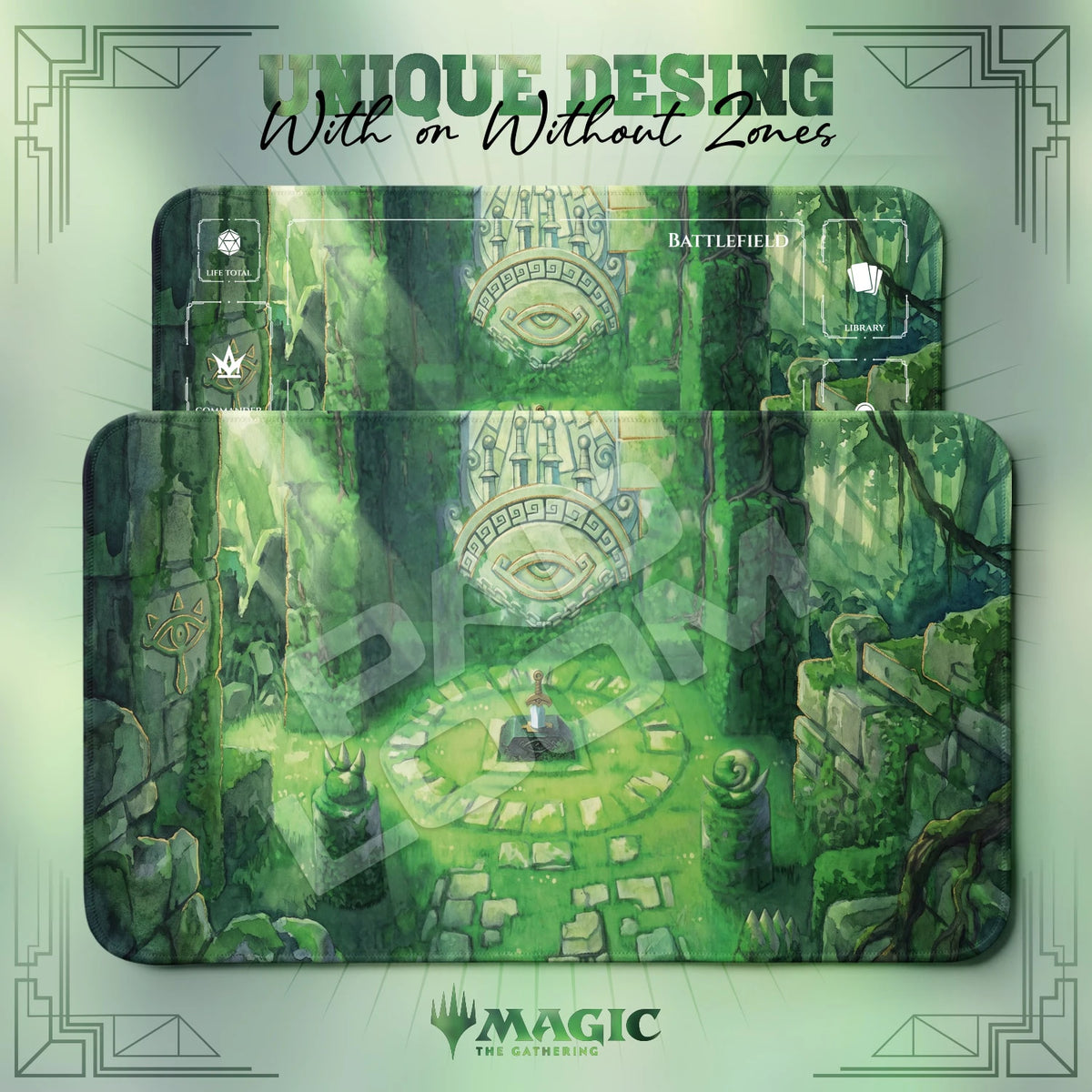 Master Sword Grove MTG playmat shown with zones and without zones